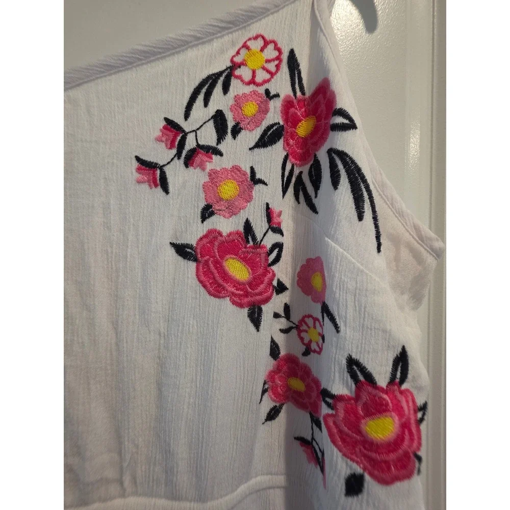 Women XXL White Floral Embroidered Tiered Maxi Dress Gauze Boho Summer Sun Dress